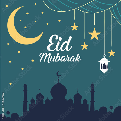 Elegant Eid greeting card featuring a golden crescent moon, shining star, and ornate mosque silhouette on a dark blue background with tiny white stars.