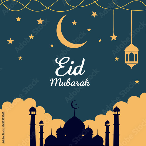 Elegant Eid greeting card featuring a golden crescent moon, shining star, and ornate mosque silhouette on a dark blue background with tiny white stars.