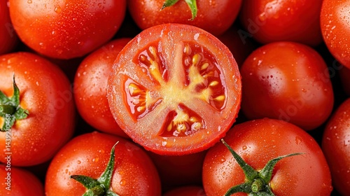 Fresh red tomatoes with water droplets showing a cross section © oksa_studio