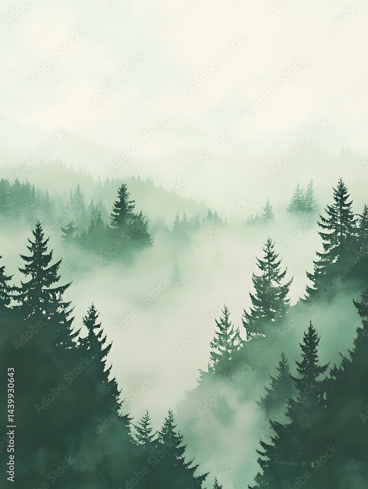 Fototapeta premium Mystical Foggy Forest Landscape: Serene Green Nature Scenery with Atmospheric Mist and Tranquil Silhouettes
