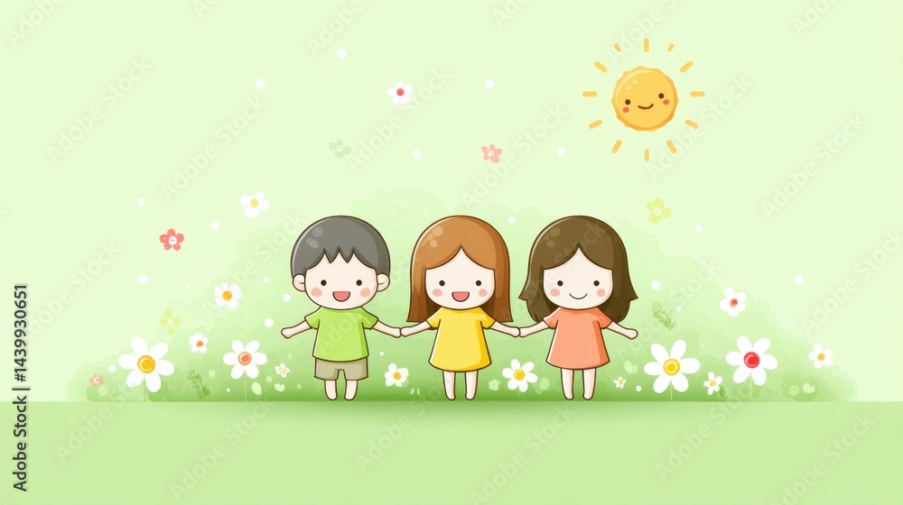 Two children holding hands and laughing while playing together on green grass in a sunny outdoor setting Two children holding hands and laughing while playing together on green grass in a sunny outdoor setting