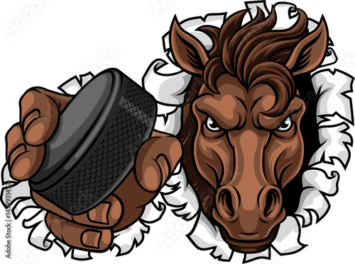 Horse mustang bronco stallion ice hockey angry sports team mascot holding a puck.
