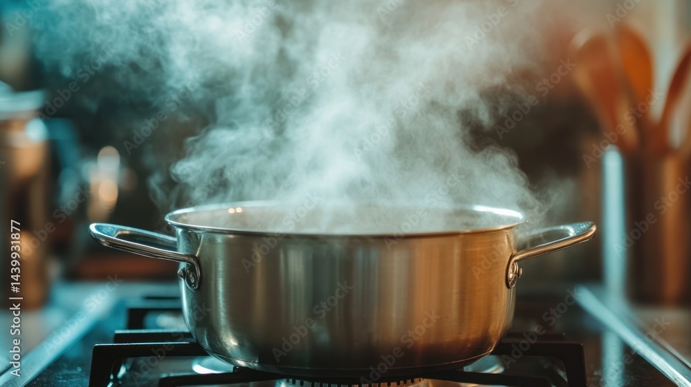 Steam Rising From a Boiling Pot on a Stovetop Steam Rising From a Boiling Pot on a Stovetop