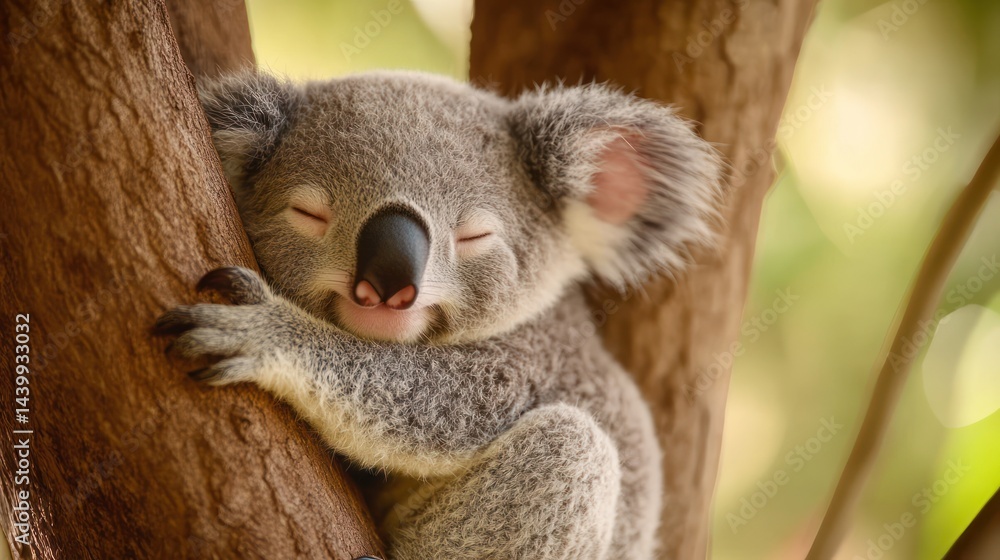Naklejka premium Peaceful slumber: A koala embracing a tree in its tranquil habitat