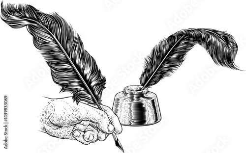 A hand holding or writing with a quill feather antique pen with ink well. In a retro vintage engraved or etched woodcut print style.