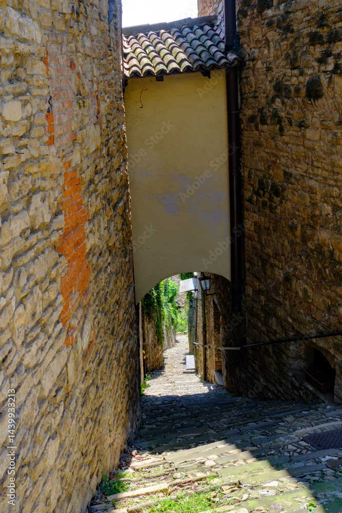 Old buildings along via Borgo Canale at Bergamo, Italy