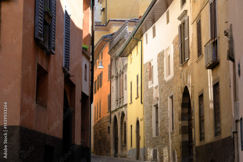 Old buildings along via Borgo Canale at Bergamo, Italy