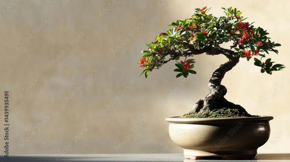 Bonsai Serenity, small bonsai tree in a ceramic pot, soft beige backdrop, image positioned on the right side, intricate details showcased Bonsai Serenity, small bonsai tree in a ceramic pot, soft beige backdrop, image positioned on the right side, intricate details showcased