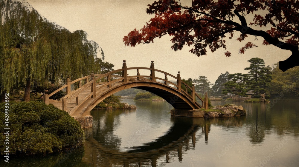 Naklejka premium Wooden Bridge Over Tranquil Pond, serene setting, soft beige tones, inviting atmosphere, nature's harmony, peaceful retreat