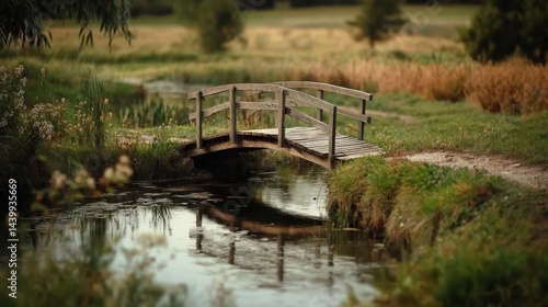 Wallpaper Mural Wooden Bridge Over Tranquil Pond, serene setting with soft beige tones, bridge positioned on the right side, inviting natural beauty and calmness Torontodigital.ca