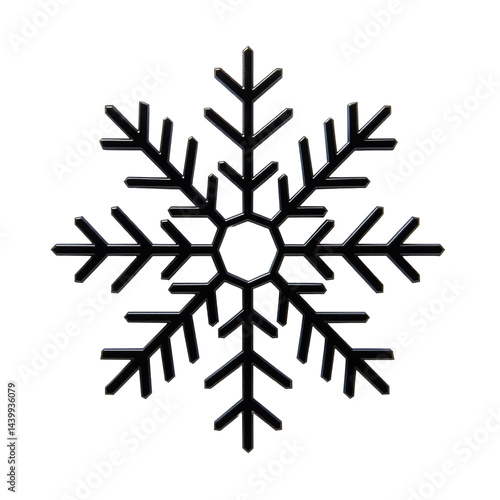 a detailed, symmetrical black snowflake is displayed against a pale gray background.