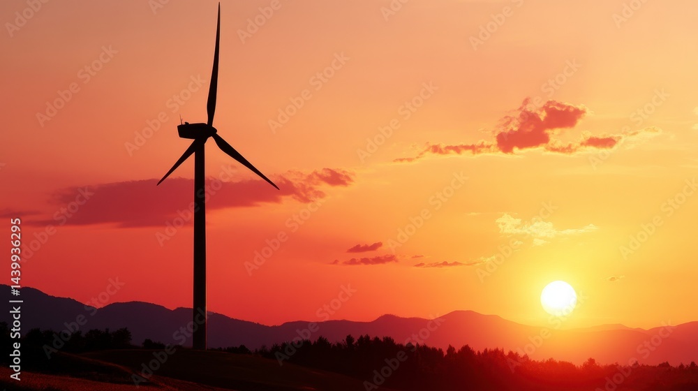 Obraz premium Windmill silhouette at sunset, soft beige backdrop, image positioned right, serene atmosphere, tranquil evening scene