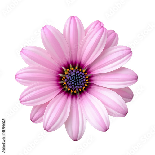 a digitally rendered, pale lavender daisy with a deep purple and golden yellow center is displayed against a pure white background.