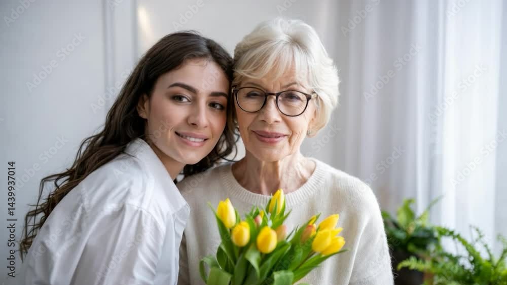 A heartwarming portrait of a mother and daughter sharing a tender moment, smiling together. A heartwarming portrait of a mother and daughter sharing a tender moment, smiling together.