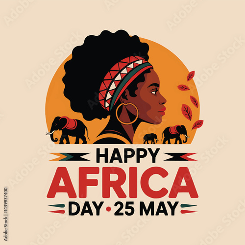 Happy Africa Day Vector with African Woman in Traditional Attire, Red Sun Background and May 25 Text