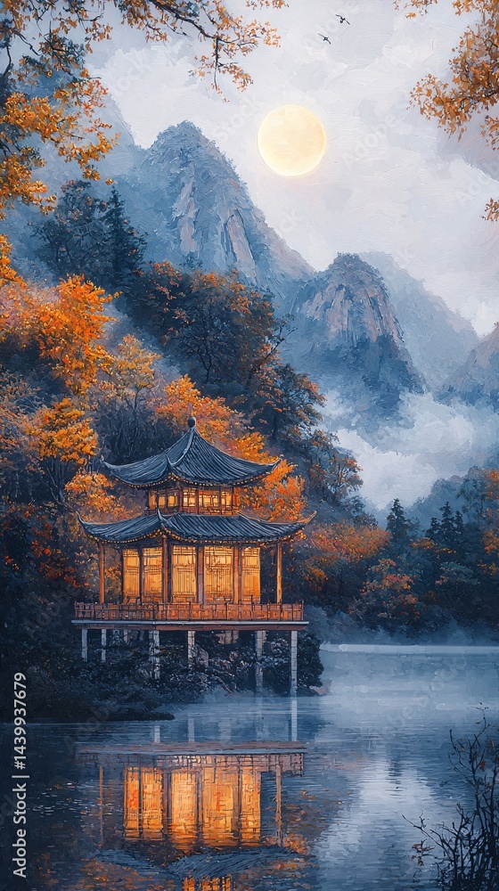 Obraz premium China ancient buildings by the lake moonlit night