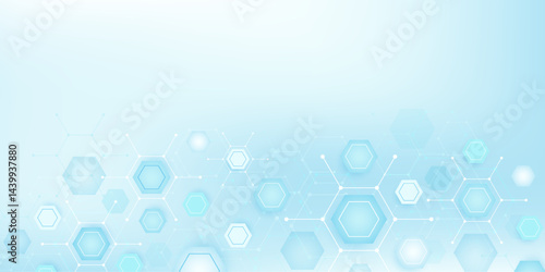 Health care or medical abstract background with hexagons, lines and dots. Scientific innovation banner template concept. Biology and pharmaceutical technology background. Vector illustration.
