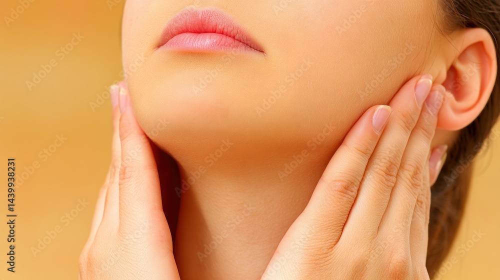 Woman's face Hands gently touching jawline, neutral background Woman's face Hands gently touching jawline, neutral background