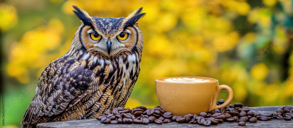 Contrasting elements: owl perched near coffee cup on rustic wooden surface