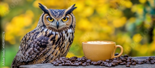 Obraz na płótnie Contrasting elements: owl perched near coffee cup on rustic wooden surface w salonie