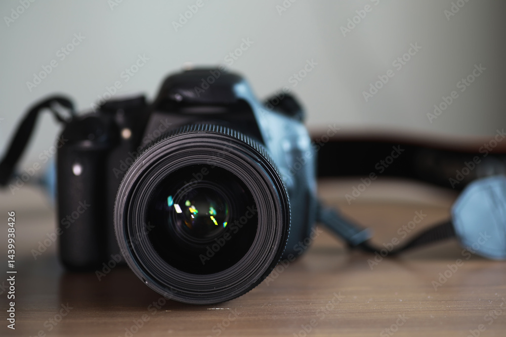 Close-Up of DSLR Camera Lens on Wooden Surface with Soft Background Focus