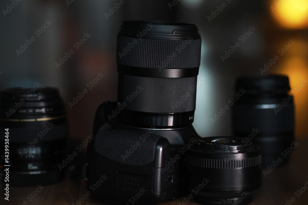 Professional Camera With Interchangeable Lenses on Wooden Surface in Studio Lighting