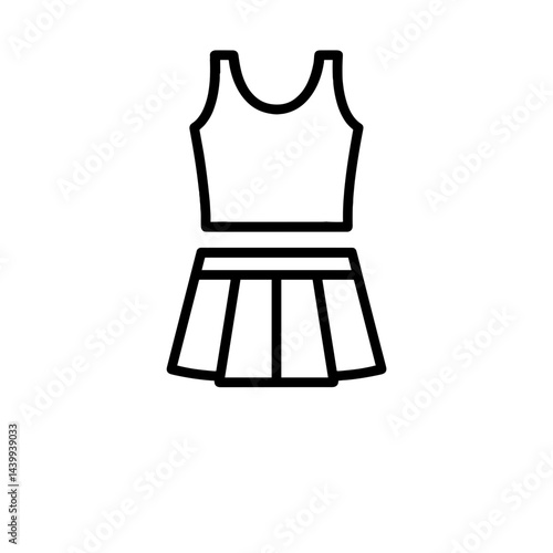 Black and white icon of sleeveless dress or two-piece outfit with pleated skirt representing women fashion or clothing design, tennis set