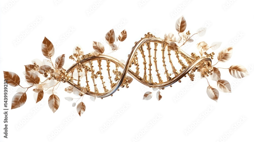 Fototapeta premium Golden DNA helix entwined with delicate leaves