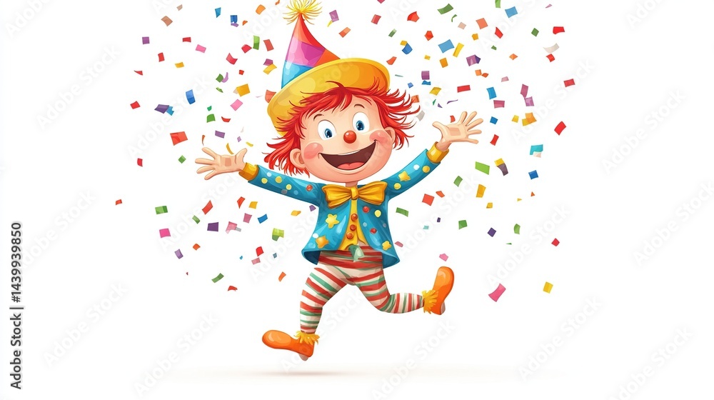 Joyful clown jumping amidst confetti. Joyful clown jumping amidst confetti.