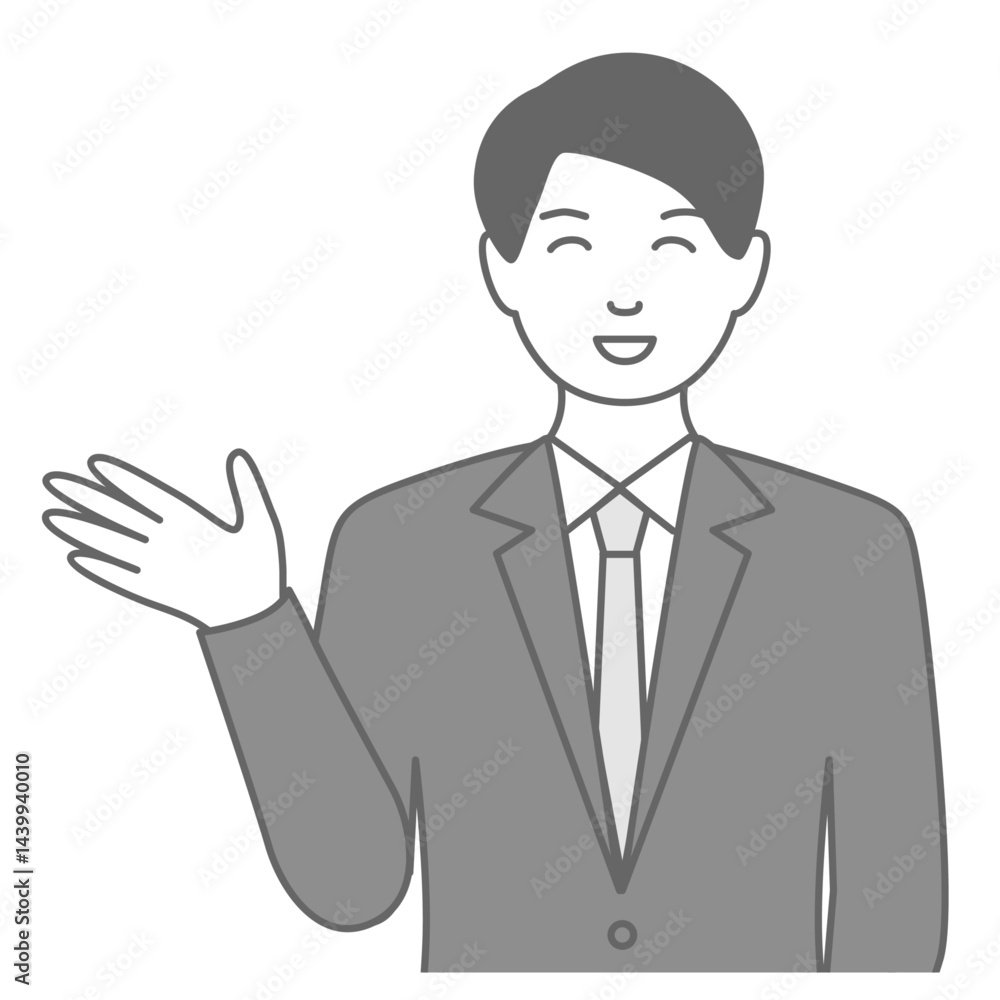 スーツを着た男性が「こちらです」と笑顔で案内しているイラスト スーツを着た男性が「こちらです」と笑顔で案内しているイラスト
