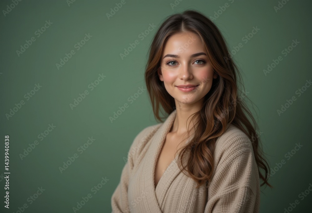 Mujer con una bata acogedora, de pie con gracia y una sonrisa amable Mujer con una bata acogedora, de pie con gracia y una sonrisa amable