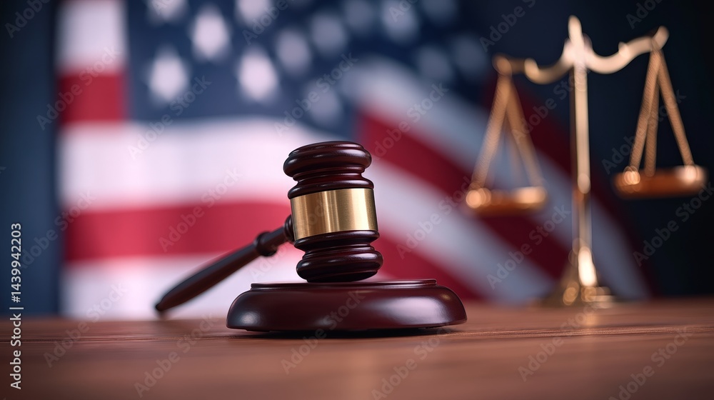 Gavel and Scales of Justice with US Flag Background Gavel and Scales of Justice with US Flag Background