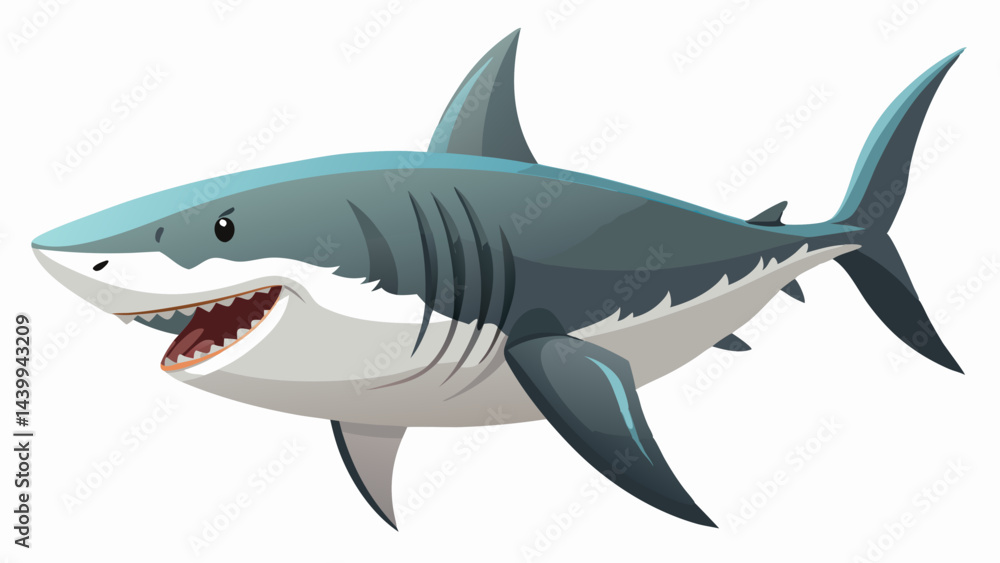 Fototapeta premium A white predator shark, an isolated marine animal, swims in the blue sea, a dangerous illustration