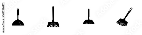 Vector illustrations of cleaning tools in black and white showcasing various types of dustpans and brooms for efficient cleaning activities