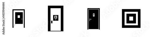 Vector illustration of door icons in black and white featuring various designs for interior and exterior use