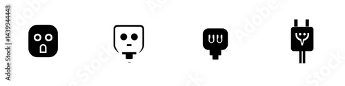 Collection of vector icons representing various plug and socket designs in black and white for electrical usage