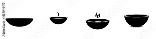 Vector illustration of black and white bowl icons representing different stages of cooking or serving food