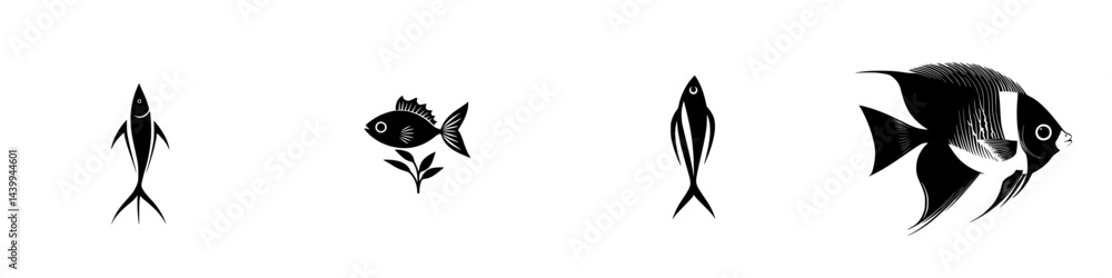 Vector illustration of various fish designs featuring black and white colors for artistic use Vector illustration of various fish designs featuring black and white colors for artistic use