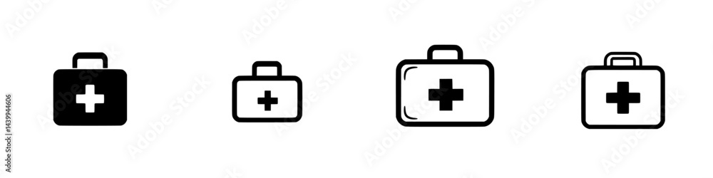 Vector illustration of black and white medical first aid kit icons depicting various designs and styles suitable for health-related content Vector illustration of black and white medical first aid kit icons depicting various designs and styles suitable for health-related content