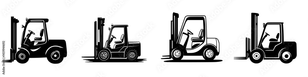 Illustration of various forklift designs in black and white showcasing distinct perspectives and features Illustration of various forklift designs in black and white showcasing distinct perspectives and features