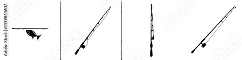 Vector illustration of fishing rod with fish and fishing equipment icons in black and white design