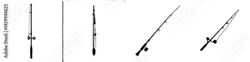 Vector illustration of fishing rods in black and white showing different styles and features for angling enthusiasts
