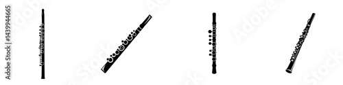 Black and white vector illustration of various flutes arranged in a row for musical representation and design purposes
