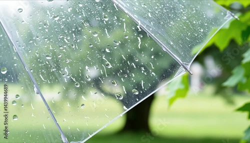 Transparent umbrella with raindrops against blurred green park background. Light rain in nature, close-up.