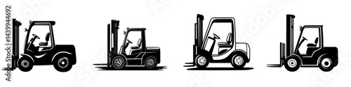 Illustration of various forklift designs in black and white showcasing distinct perspectives and features