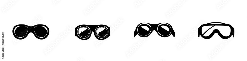 Diverse styles of eyewear in vector illustration showcasing black and white designs for various activities Diverse styles of eyewear in vector illustration showcasing black and white designs for various activities