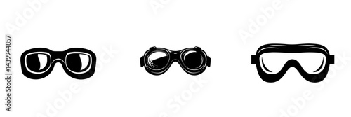 Vector illustration showcasing three distinct styles of goggles in black and white, emphasizing versatility and design in protective eyewear