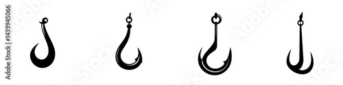 Collection of black and white vector illustration icons depicting various fishing hooks in different designs and styles