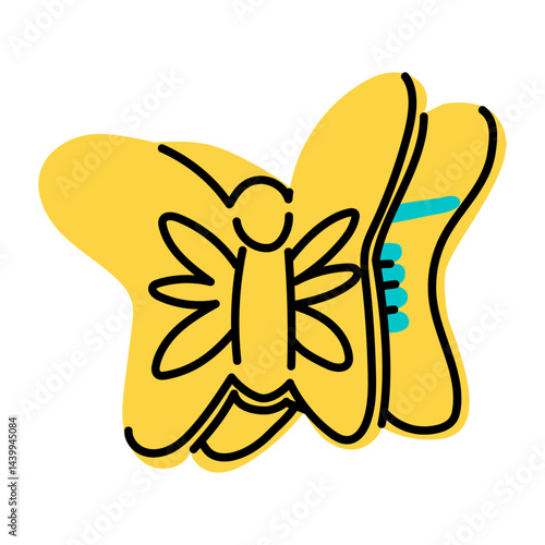 2000s retro yellow butterfly hairpins. Children's hair clip in the style of the 90s. An isolated flat object with doodle elements. retro colored object. Hair clip, jewelry. Bright blue crab butterfly