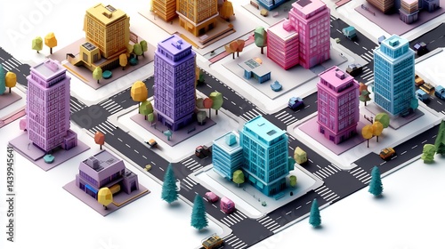 Isometric cartoon city landscape featuring colorful buildings and transportation network